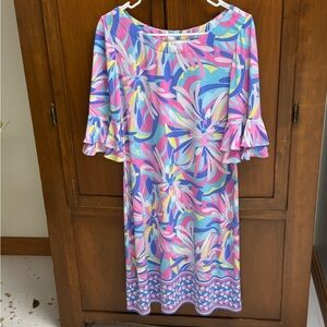 Pappagallo pastel Floral Multicolor Dress 3/4 ruffle belle sleeve MED